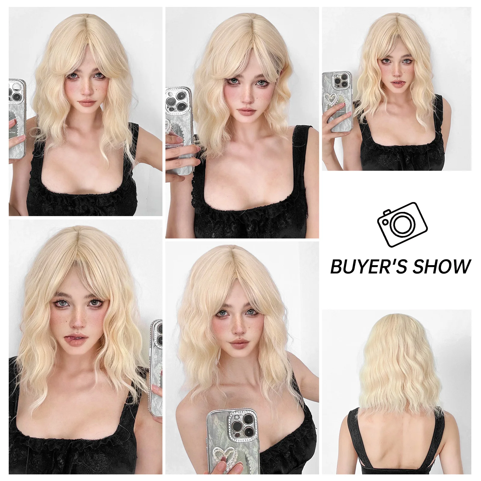 Beige Blonde Short Curly Wig Synthetic Blonde Bob Wigs with Bangs Christmas Cosplay Party Hair Wig for Women Heat Resistant
