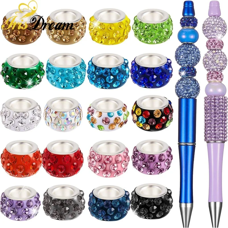20Pcs Large Hole Birthday Stone Rhinestone Spacer Beads for Jewelry Making Sparkly European Crystal Bulk Beads for Beadable Pens