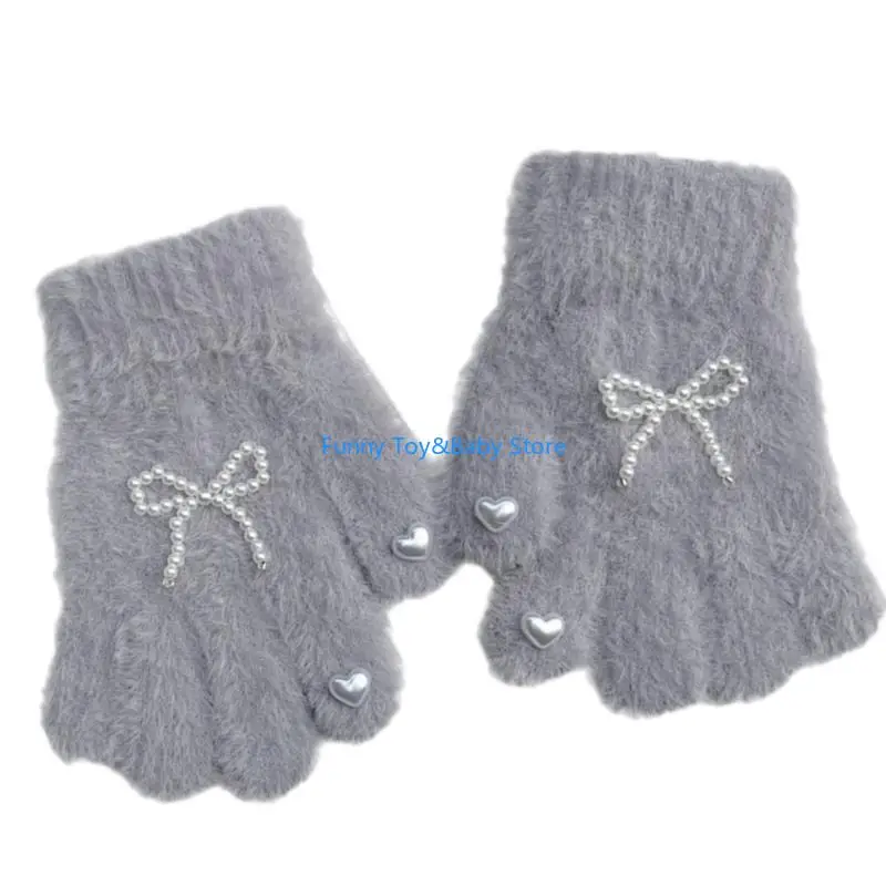 قفازات محبوكة للفتيات قفازات أصابع مقسمة مع تفاصيل عقدة لؤلؤية لـ 3-8T C90B