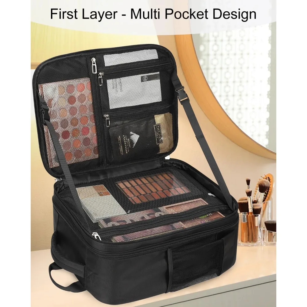 Professional Makeup Artist Backpack Extra Large Cosmetic Bag Travel Case Double Layer Storage Organizer with 4 Pouch Black