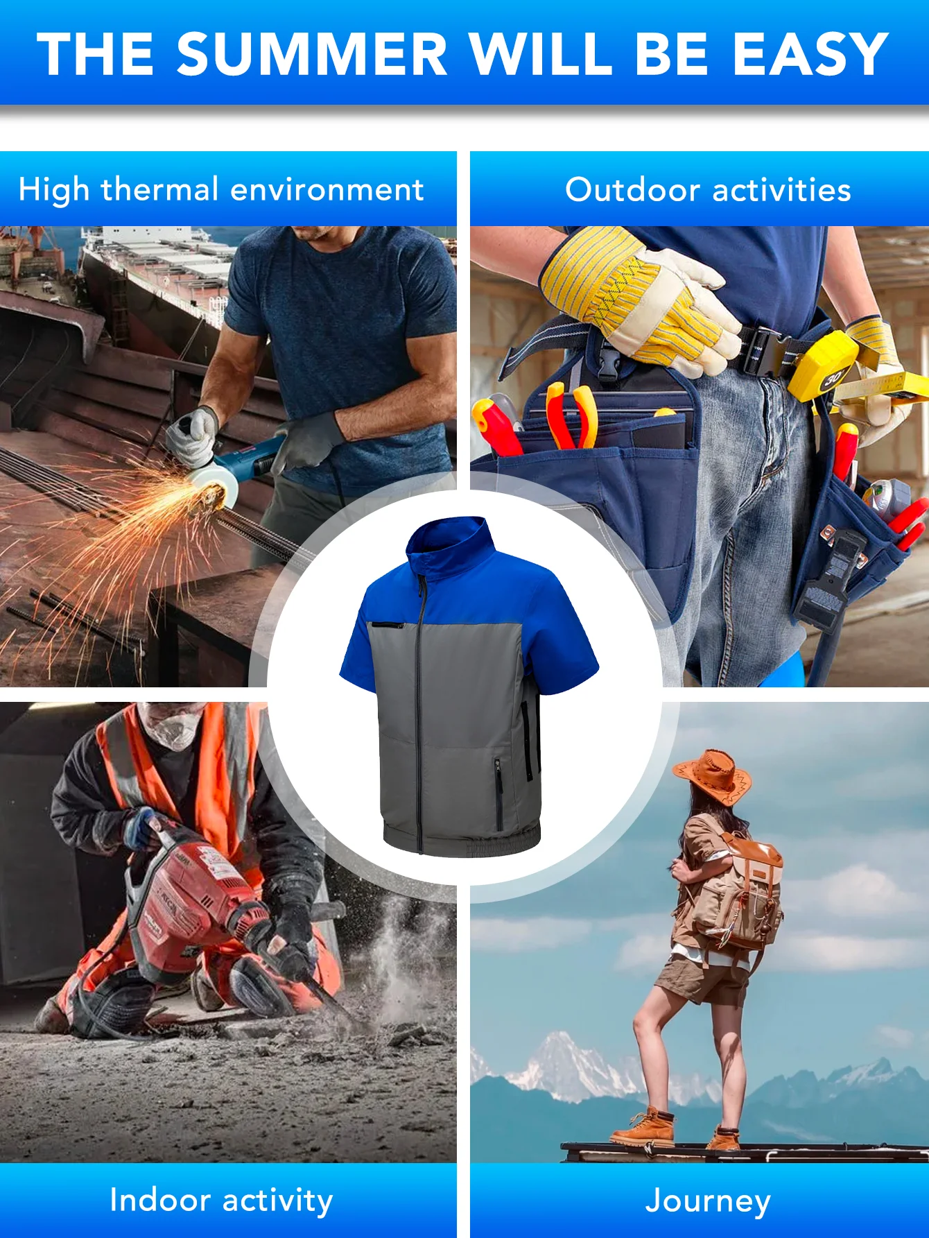 Combinaison de ventilateur à 4 trous à manches courtes, régulation du volume d'air à trois vitesses, avec 4 ventilateurs, ventilateur haute puissance à 9 pales, volume d'air élevé