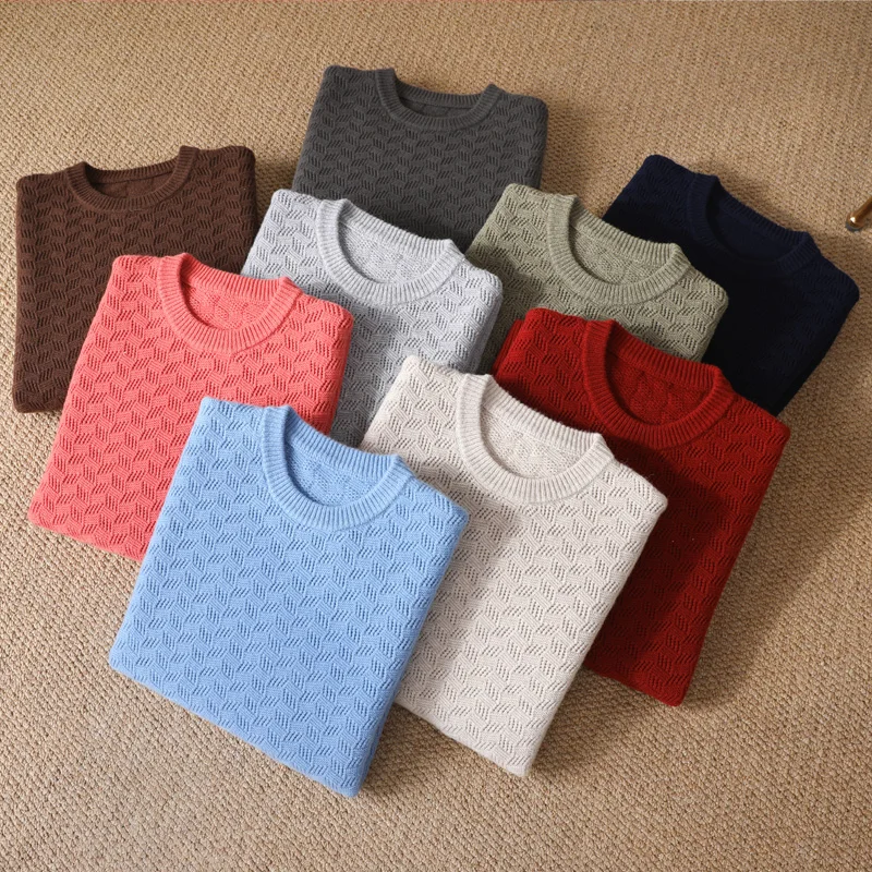 

Мужской пуловер из 100% шерсти с круглым вырезом, ажурный свитер, осень-зима 2025, новый кашемировый трикотаж, мягкая теплая деловая повседневная мужская одежда