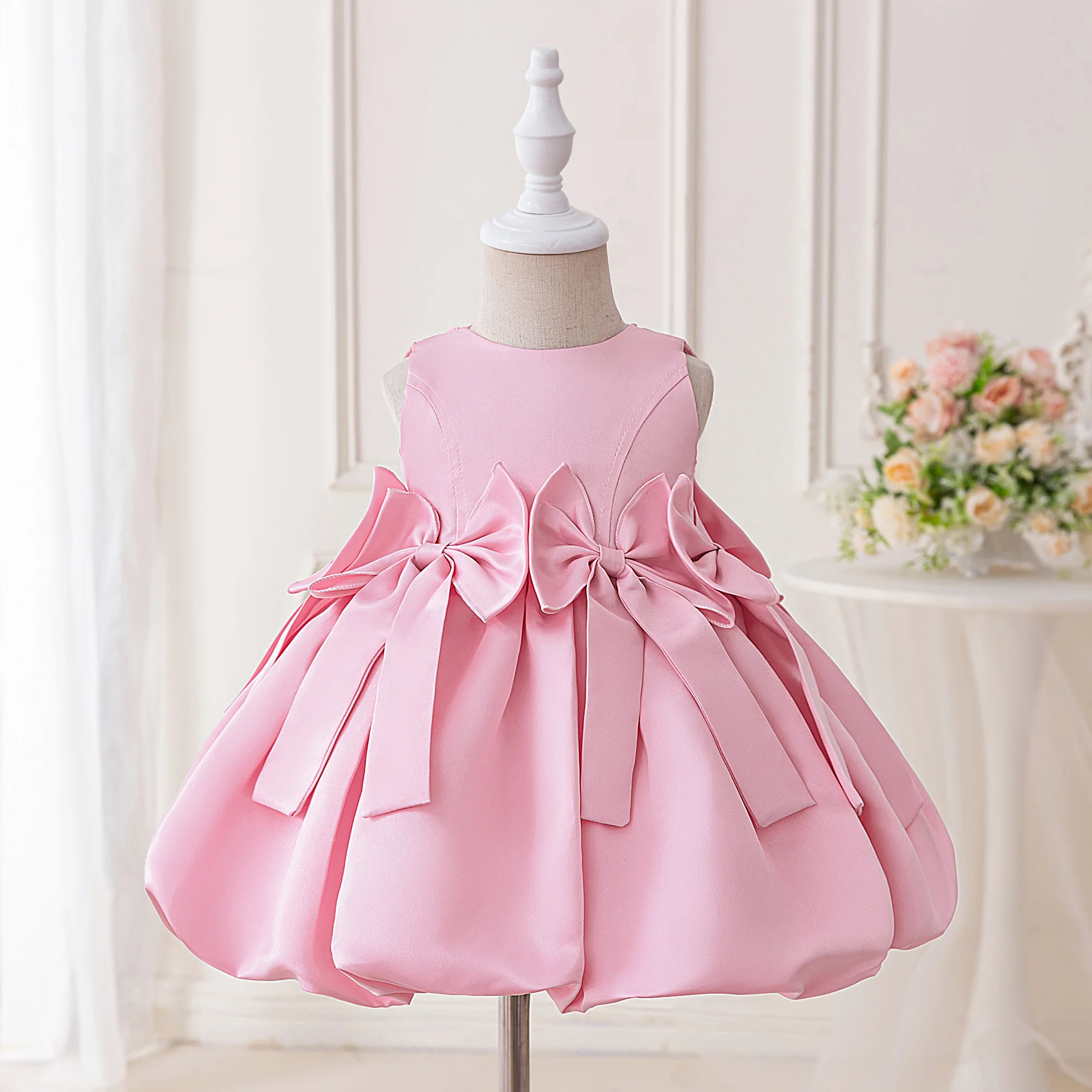 

Fashion Bow Pink Party Baby Girls Dress Elegant 1st Birthday Wedding Tutu Prom Dress for Kids Gala Baptism Bridesmaids Prom Gown
