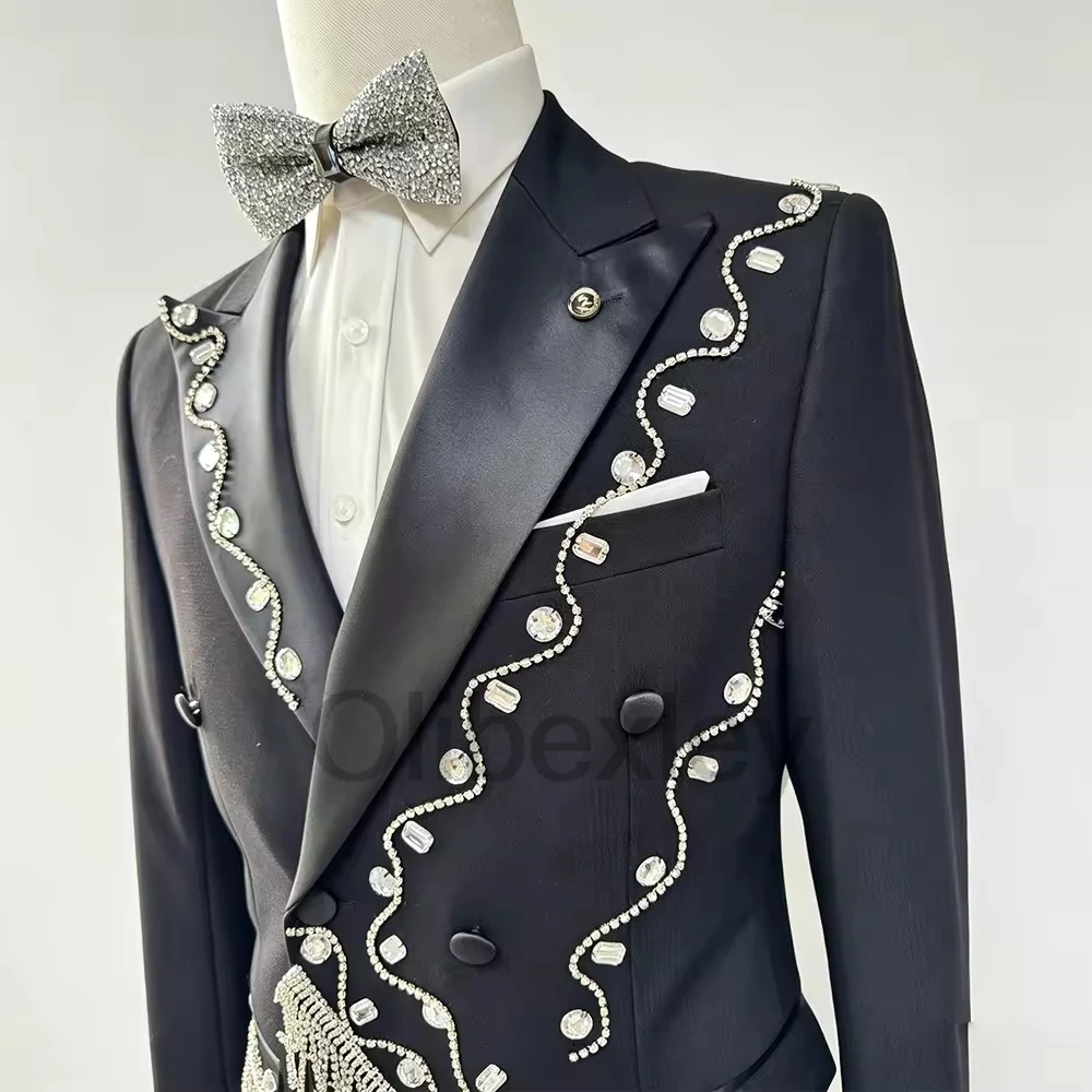 Olibexley Handsome Black Men Suits Beads Slim Fit Peak Lapel Groom Wedding Tuxedos Male Formal Tuxedos 3PCS Sets Customized S480
