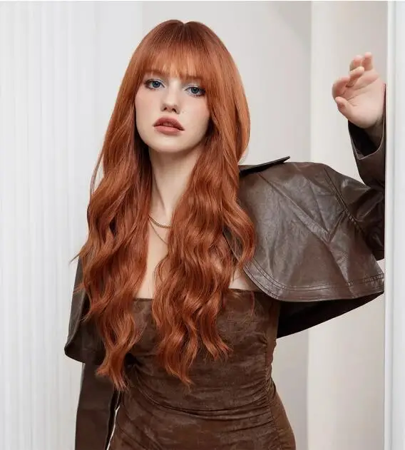 Natural Long Wavy Women Heat Resistant Hair Copper Red Machine Wigs With Bangs