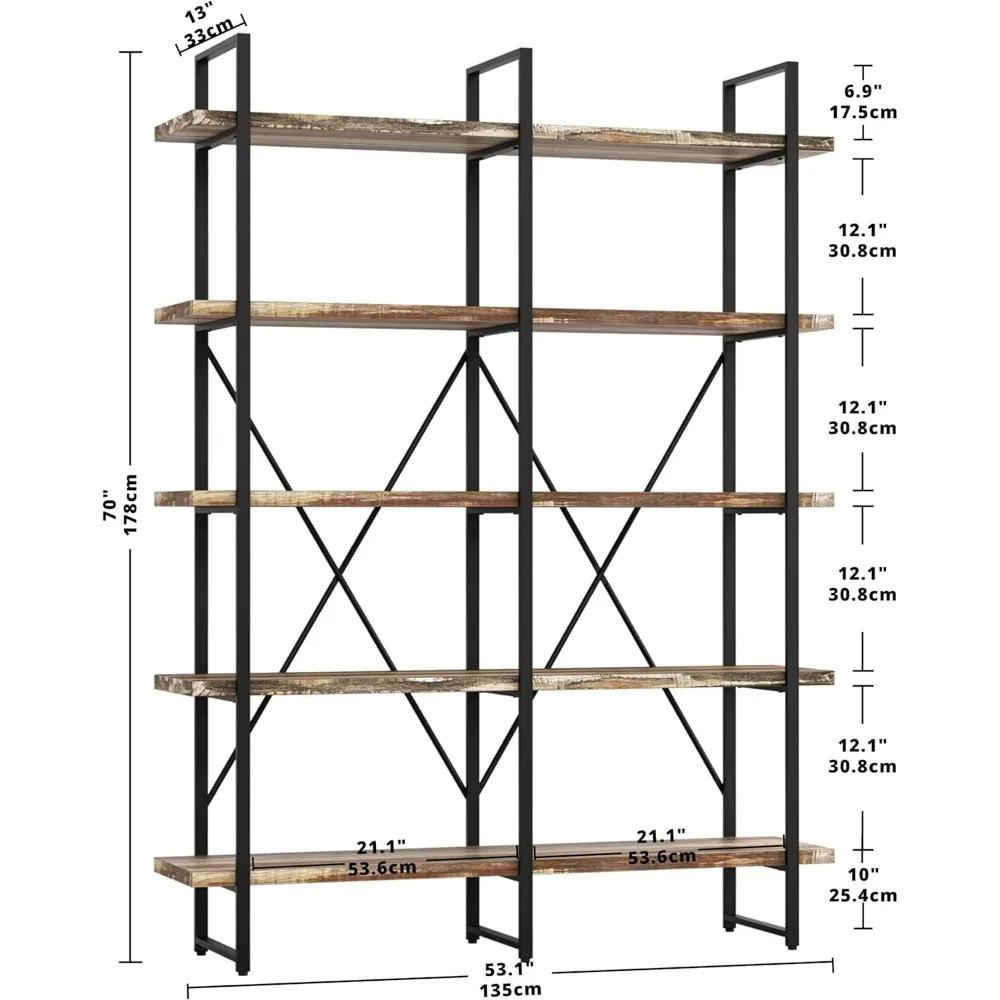 Double Wide 5-Tier Open Bookcase Vintage Industrial Large Shelves, Wood and Metal Etagere Bookshelves, for Home Decor Display