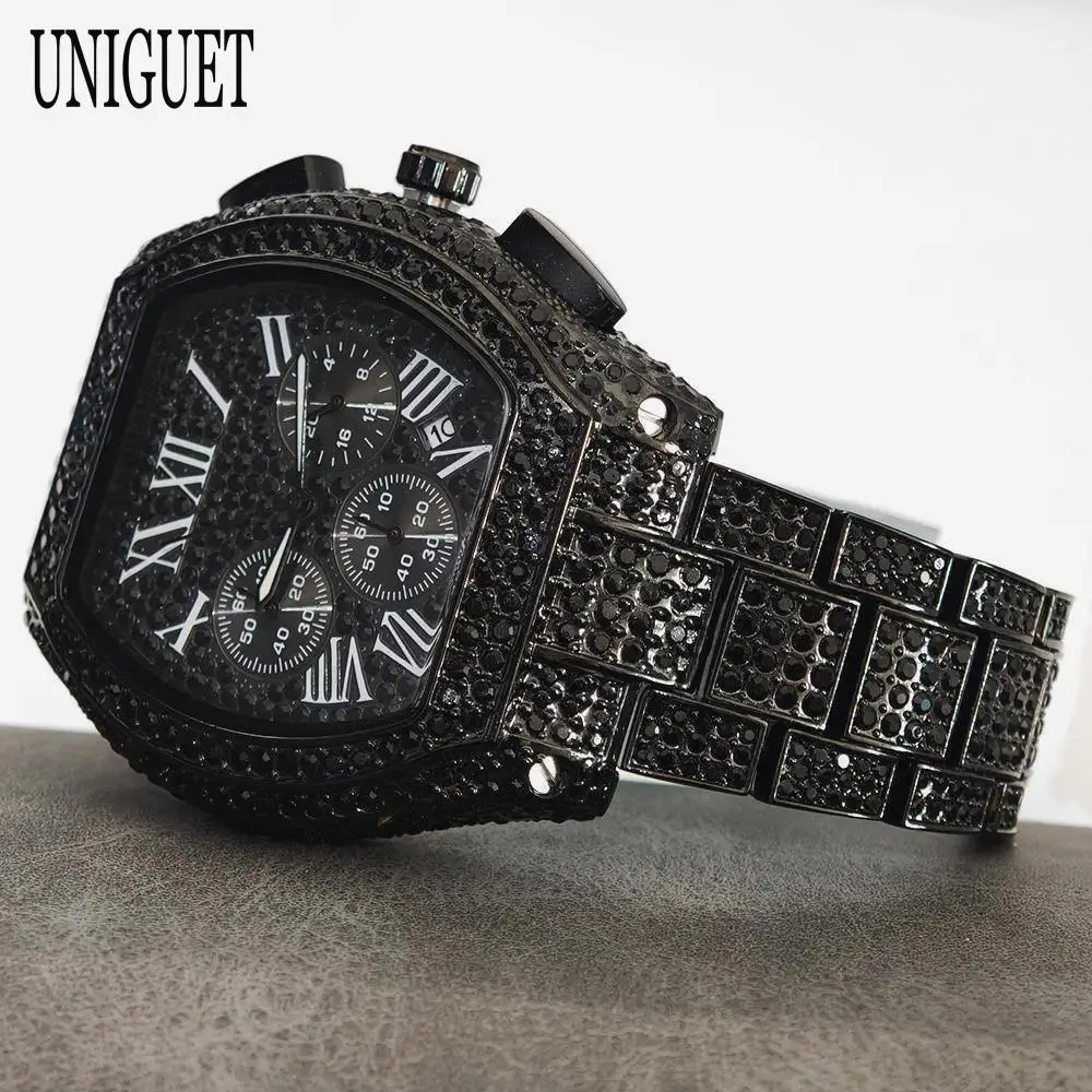 2025 Top Luxury Watches Men Fashion Brand UNIGUET Hip Hop Diamond Bling Tonneau Quartz Wristwatches Business Iced Out Men Clocks
