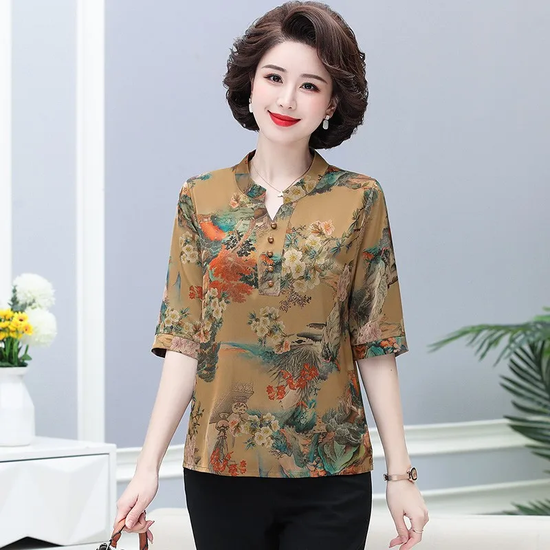 Fashion V-Neck Floral Chiffon Shirt  Fashion Summer Women\'s Clothing Casual Elegant Female short Sleeve Blouse