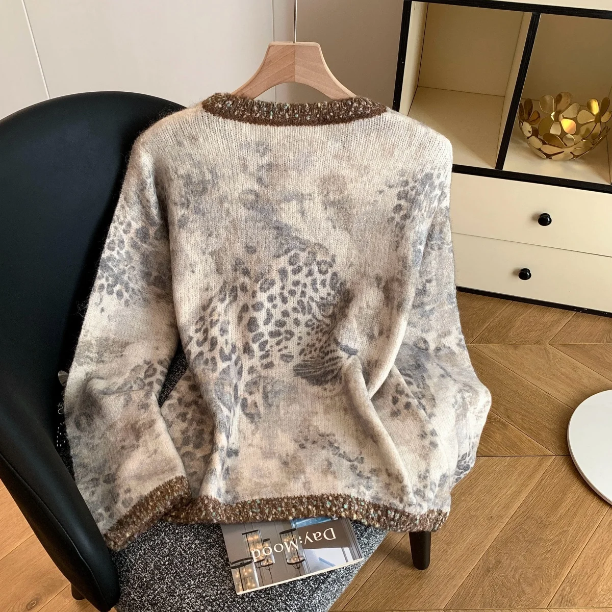 

Women's Leopard Print round Neck Long Sleeve Knitted Sweater Y2K American High Street Harajuku Street Fashion Retro Casual Top