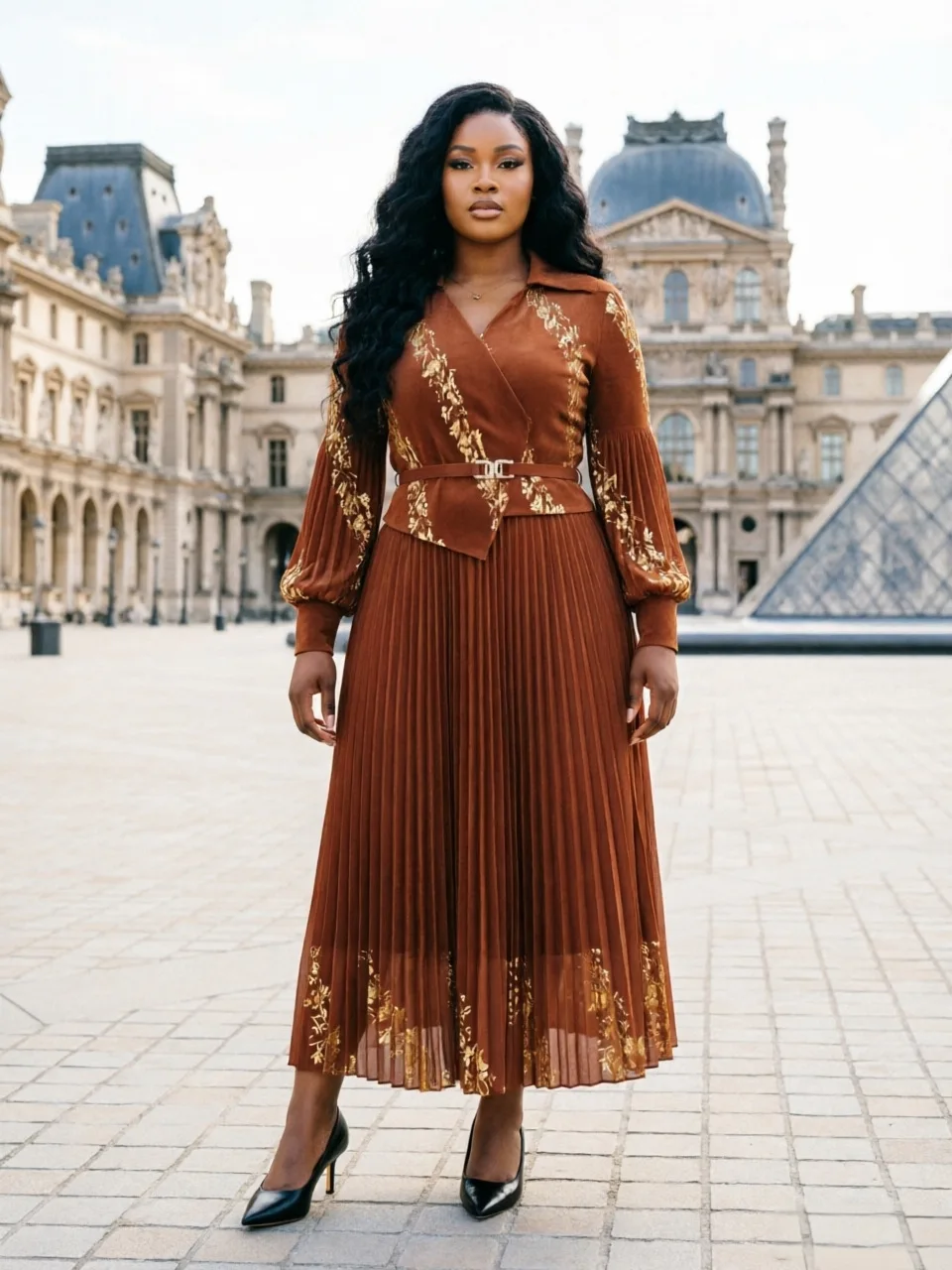 

Miyake Crumpled Fashion Bronzing Loose Dress African Temperament Waist Thin Dress Women's Clothing