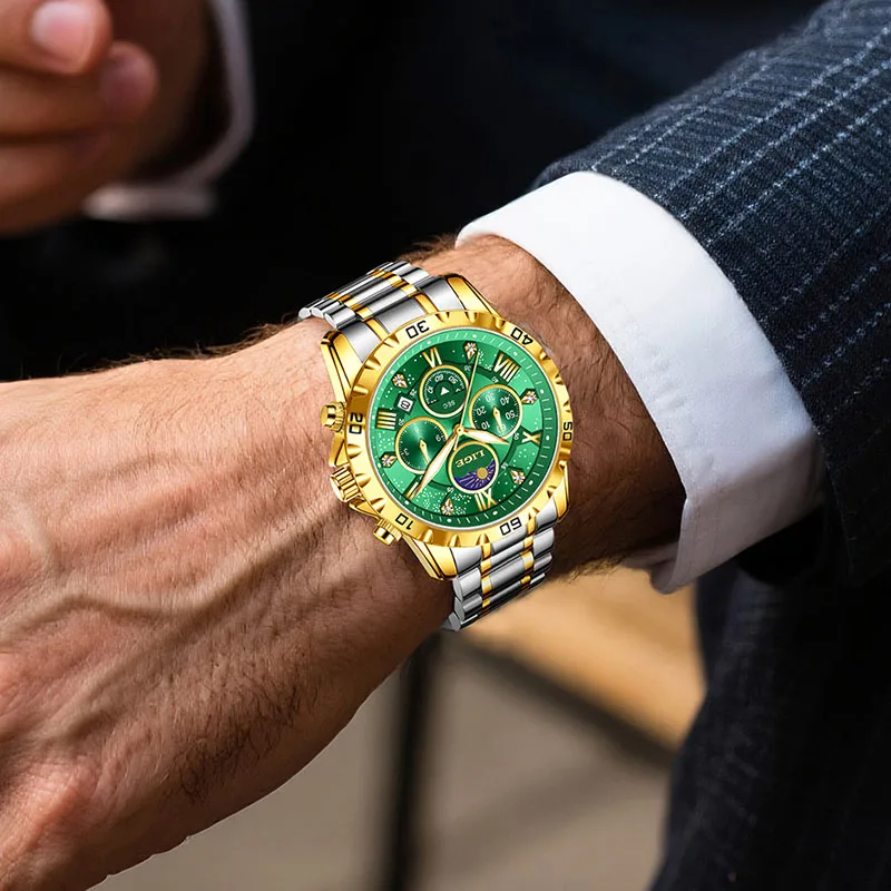 LIGE nouveau 24 heures Phase de lune hommes montre mode affaires montre hommes haut de gamme de luxe lumineux étanche Quartz chronographe mâle