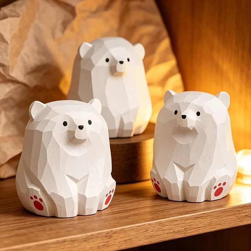Miniature Solid Wood Bear Statue Handcrafted Animal Figurine for Home Desktop Ornament Natural Timber Carving Office Shelf Decor