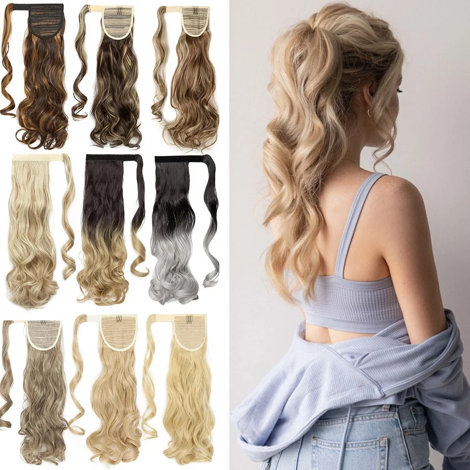 S-noilite Synthetic 17inch Long Curly Wavy Clip In PonyTail Hairpiece Wrap Around Ponytail Extension Fake hair for Women