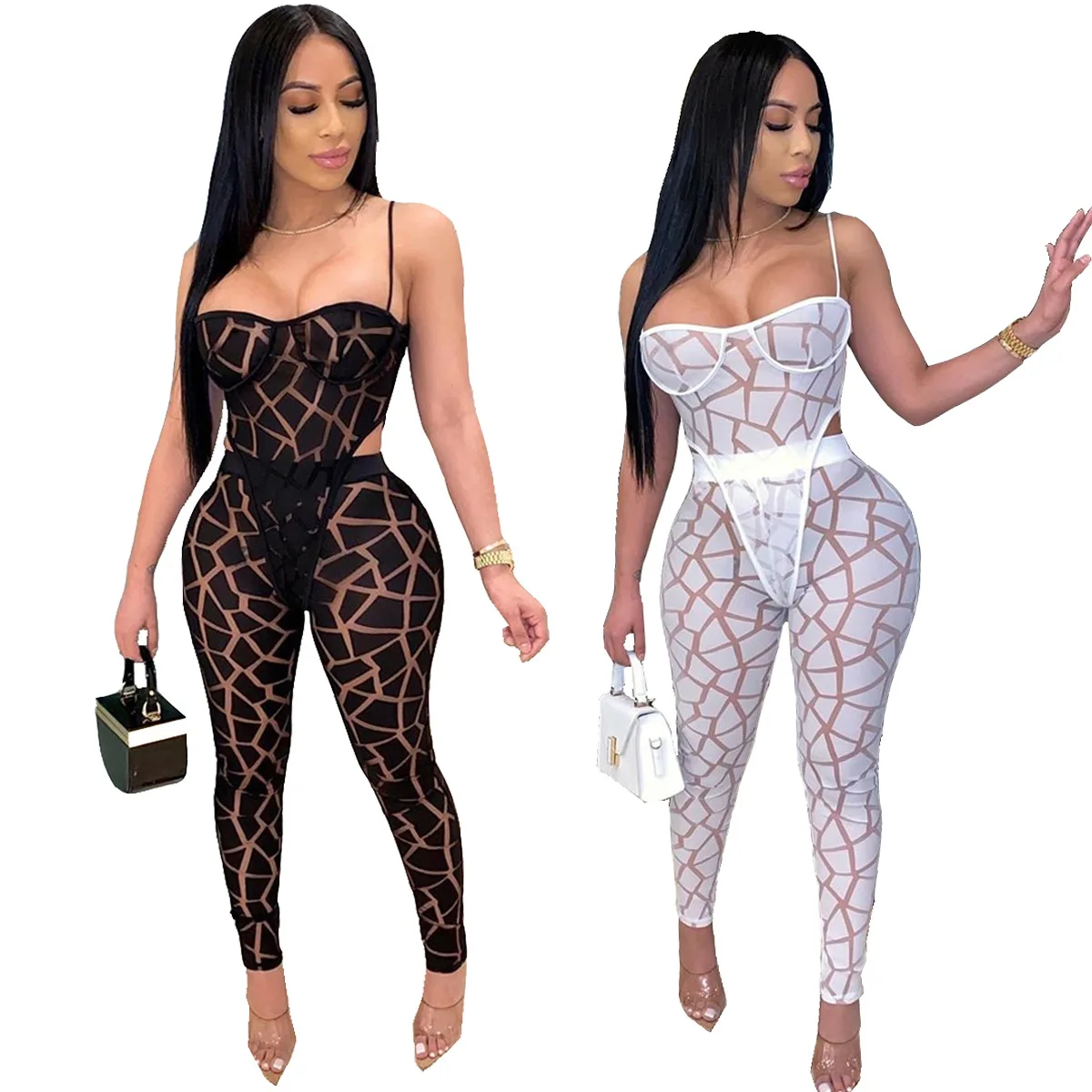 AL079 Women's Sexy Suit Mesh Two-piece Set Nightclub See Through Summer