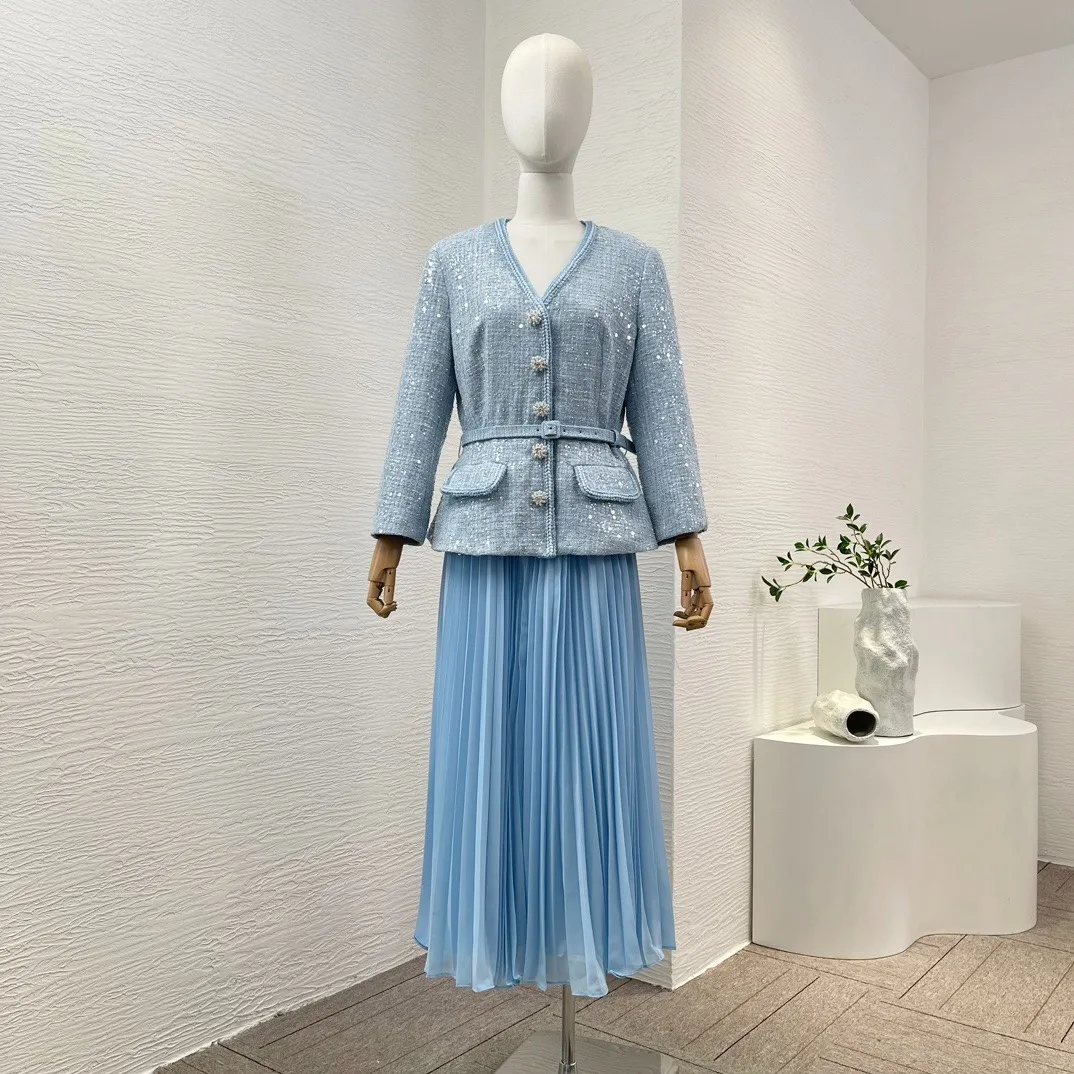 Office Lady Blue Bead Embellish Wool 2024 New Arrival V-Neck Tweed Bubble Long Sleeve Midi Dress Summer High Quality Clothing