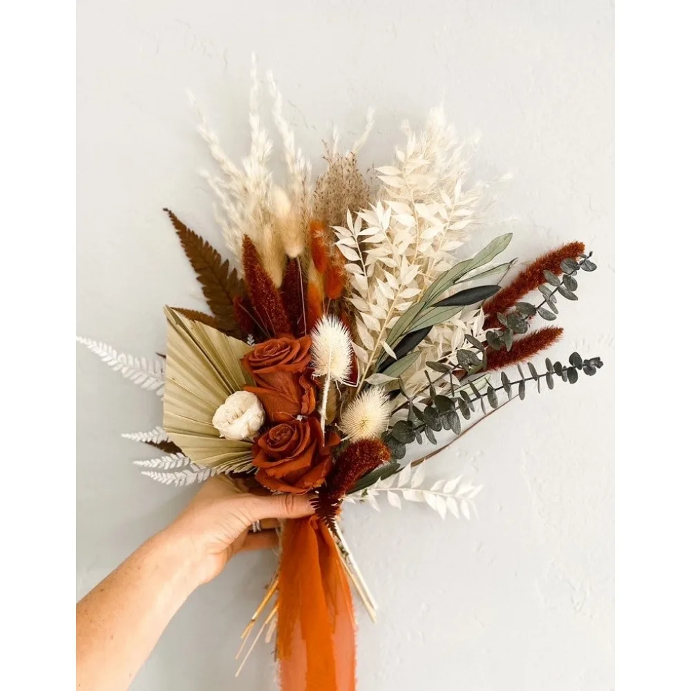 Dried Flowers,Small Olive,Rust Pampas Grass Bouquet, Bride and Bridesmaids,Wedding Flowers