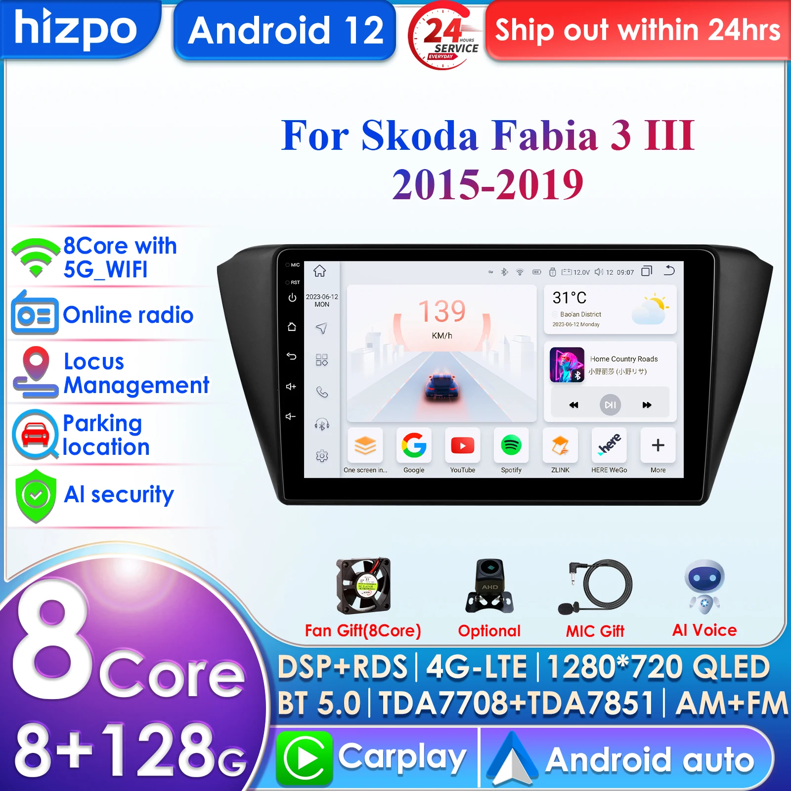 

Hizpo 4G 9'' AI Intelligent Systems Wireless CarPlay Android Auto Radio for Skoda Fabia 3 III 2015-2019 Car Multimedia GPS 2din