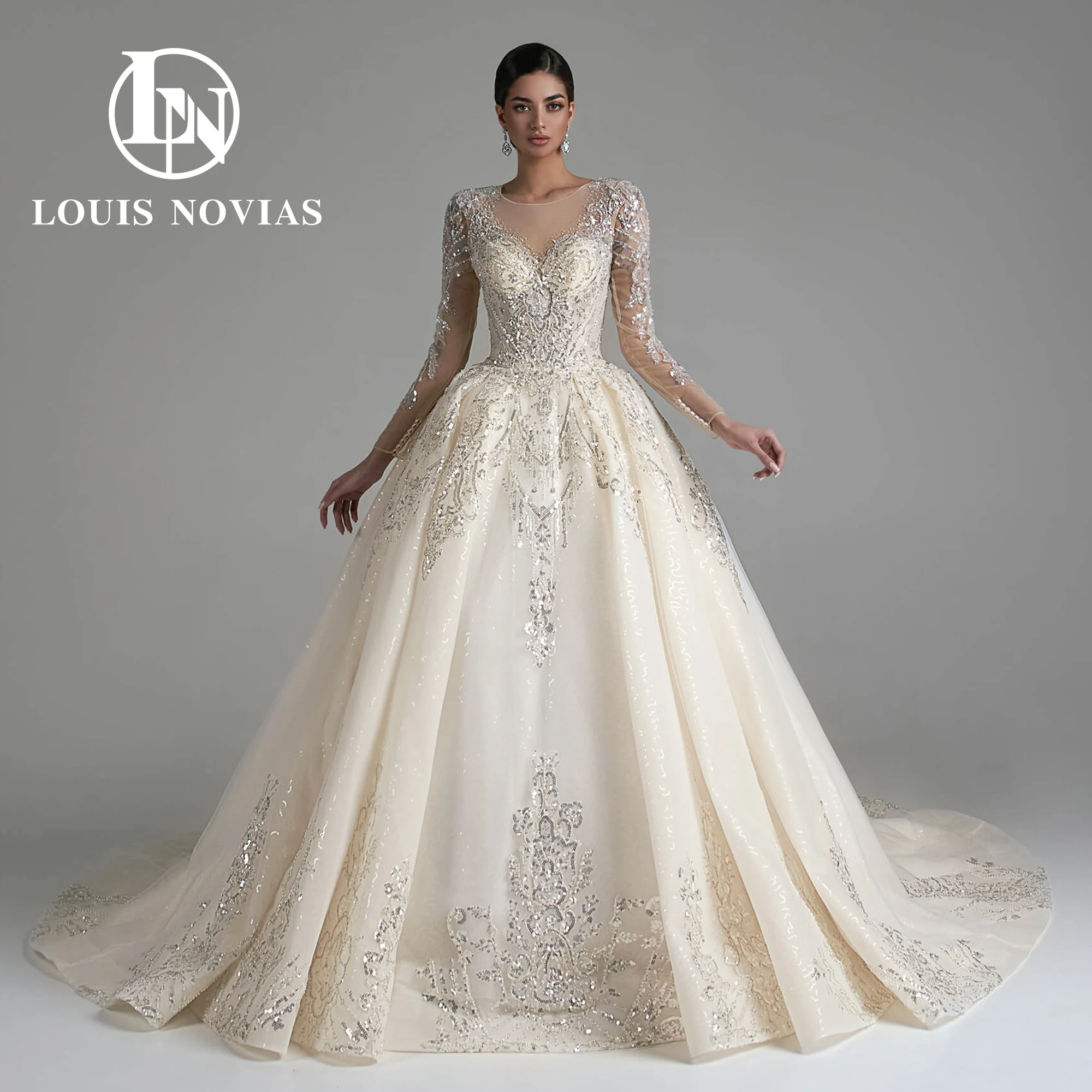 LOUIS NOVIAS Luxury Ball Gown Wedding Dresses 2023 Embroidery Beading Sequined Cathedral Train Wedding Gown Vestidos De Novia