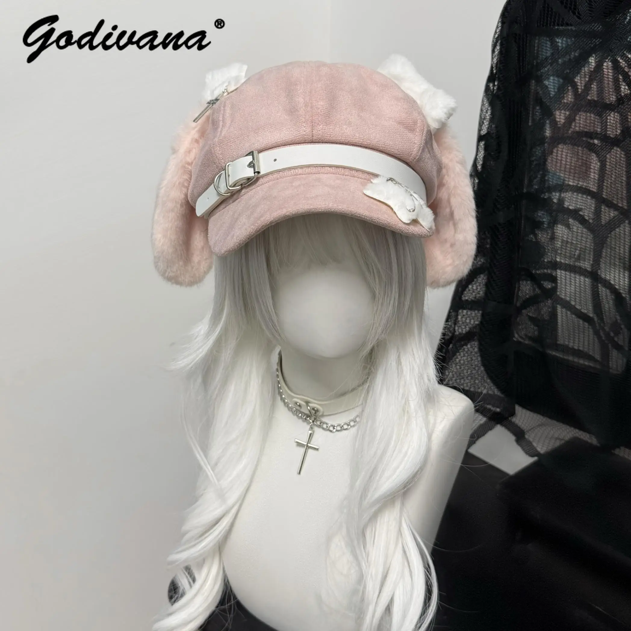 Original Pink Puppy Ear Sweet Hat Subculture Y2K Girls Beret Autumn and Winter Cute Personality Beret for Women