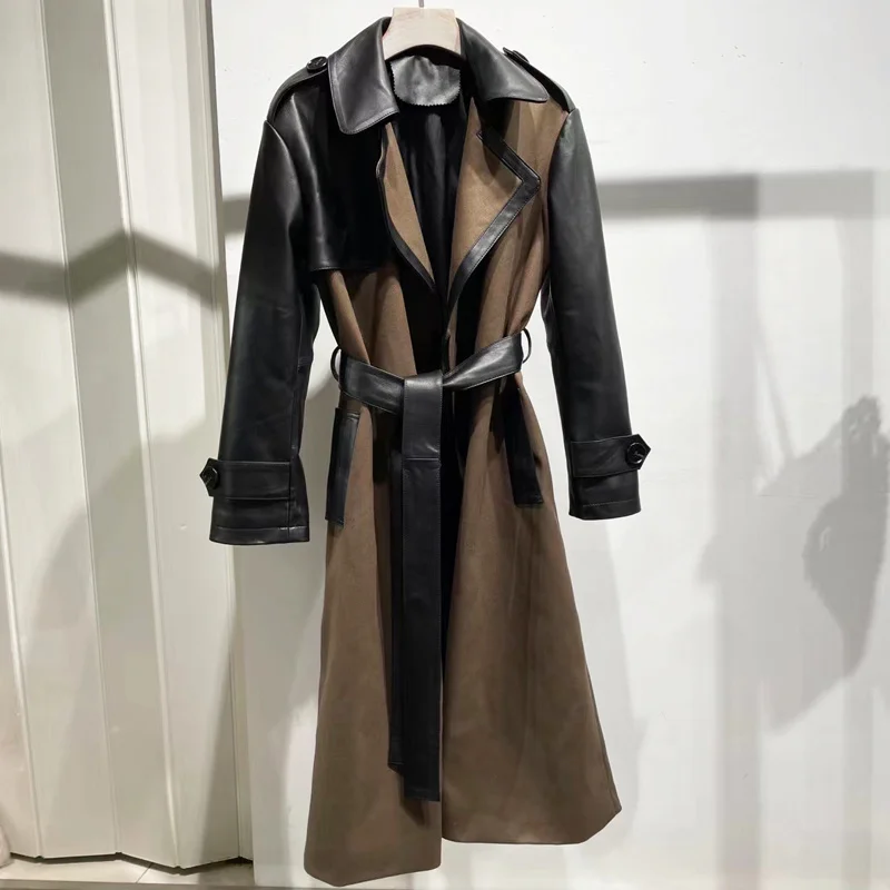 Long Leather Windbreak Women's Genuine Lambskin Coat