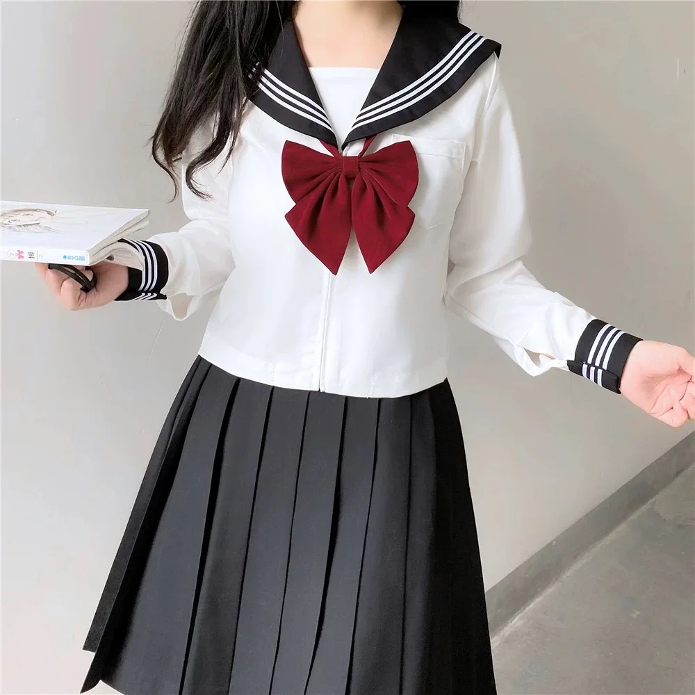 Japanische Schuluniform, süßer Mädchen-JK-Anzug, schwarzer Kragen, weißer dreiteiliger Anzug, Campus-Matrosenanzug, Schleife, langärmeliger Anzug, Uniform – Detail 10