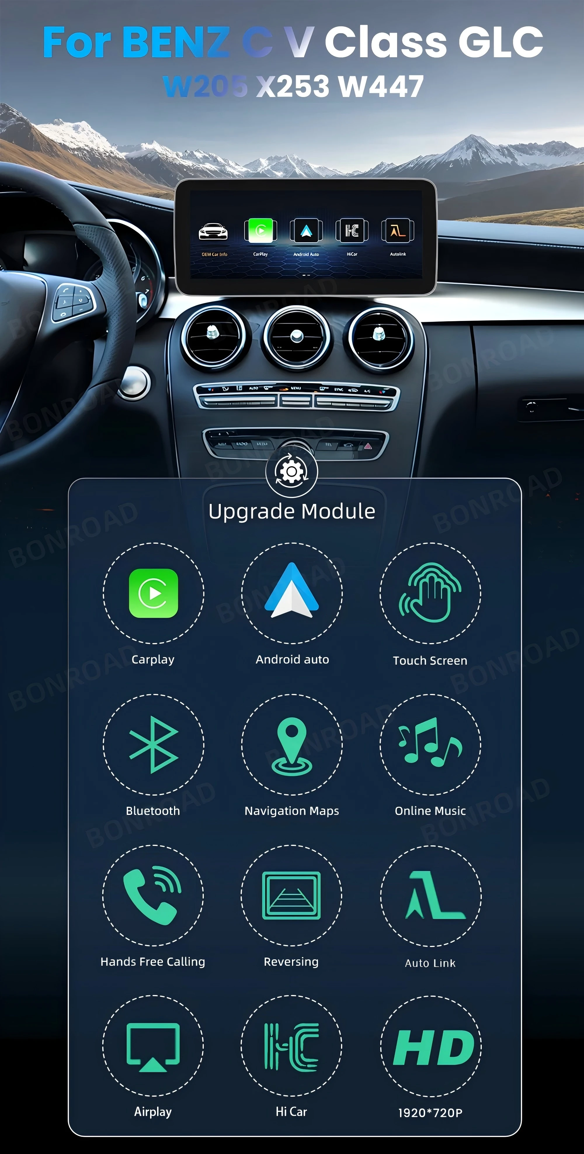 BONROAD 10.25 12.3 1920*720 2400*900 Kabelloses CarPlay Auto-Multimedia Linux Touchscreen für Mercedes Benz W205 GLC A C V Klasse W447 Android Auto Mirroring Airplay Autolink GPS Stereo-Navigation – Detail 8