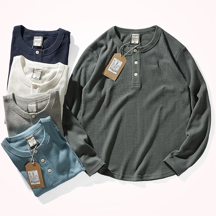 Camiseta gruesa de algodón puro para hombre, camisa gruesa de manga larga con cuello Henry, Estilo Vintage americano, para Otoño e Invierno
