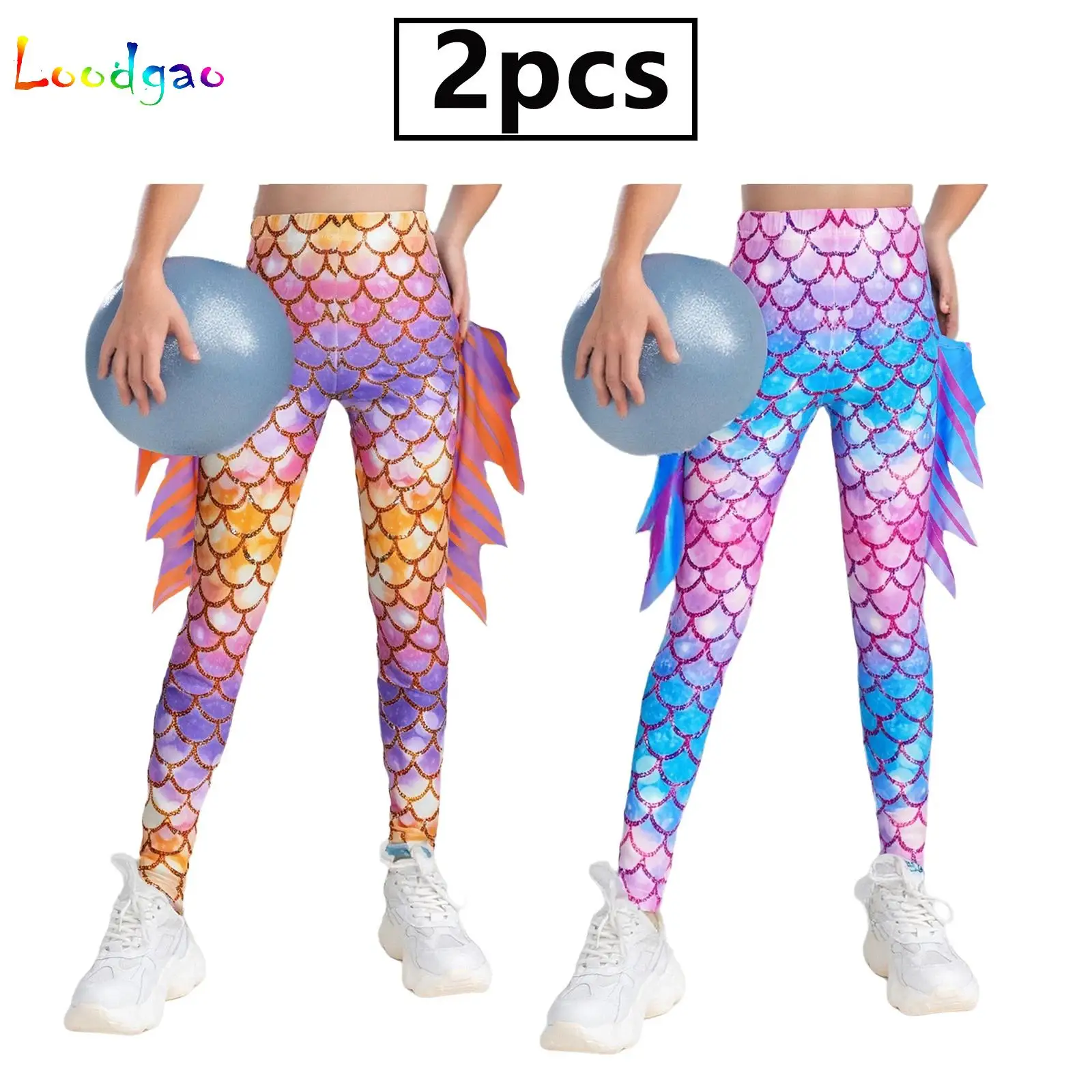 2Pcs Kids Girls Fish Scale Printed Mermaid Leggings Gradient Color Yoga Pants Halloween Theme Party Birthday Photography Costume