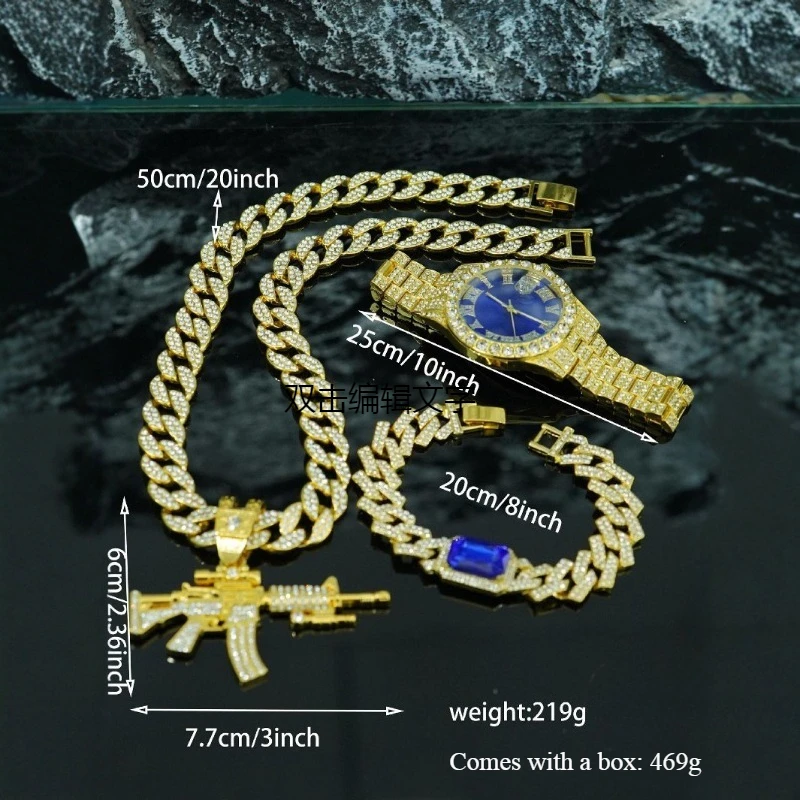 Men's Hip Hop Jewelry Set - Gun Pendant Necklace Bracelet Watch Combo - Urban Streetwear Gift Box - Trendy Masculine Accessories