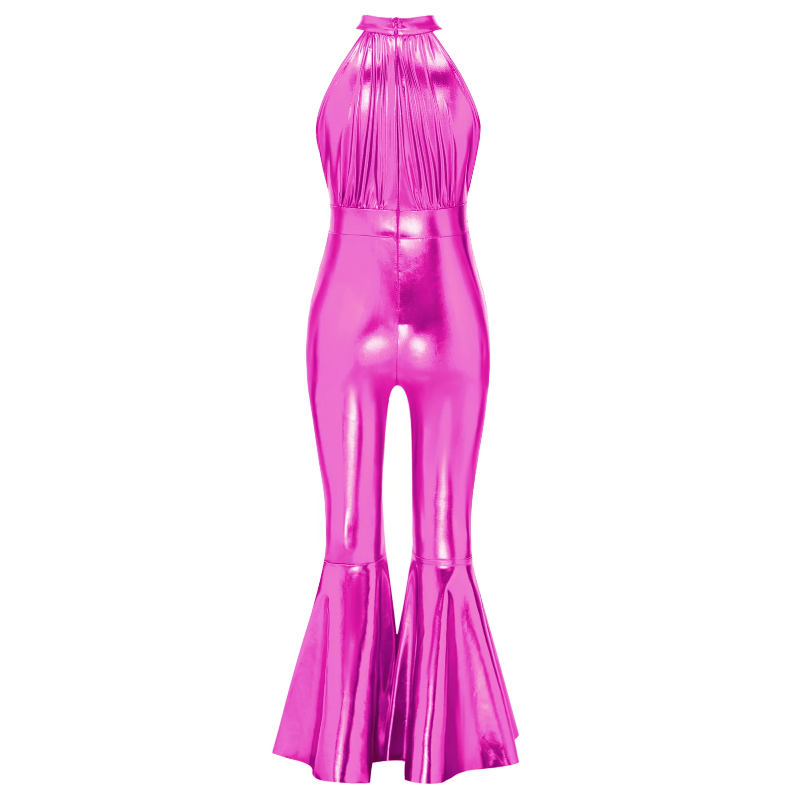 Girls One Piece Jumpsuit Shiny Metallic Sleeveless Rhinestone Waist Keyhole Front Bell Bottoms for Disco Jazz Dance Clubwear