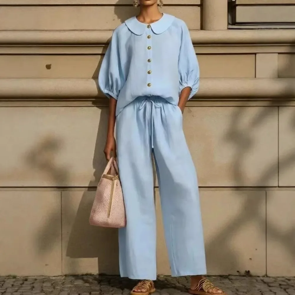 Women Summer Linen Cotton 2 Piece Set Lantern Sleeve Blouse Mid Waist Drawstring Long Pants Casual Fashion Ladies Outfit