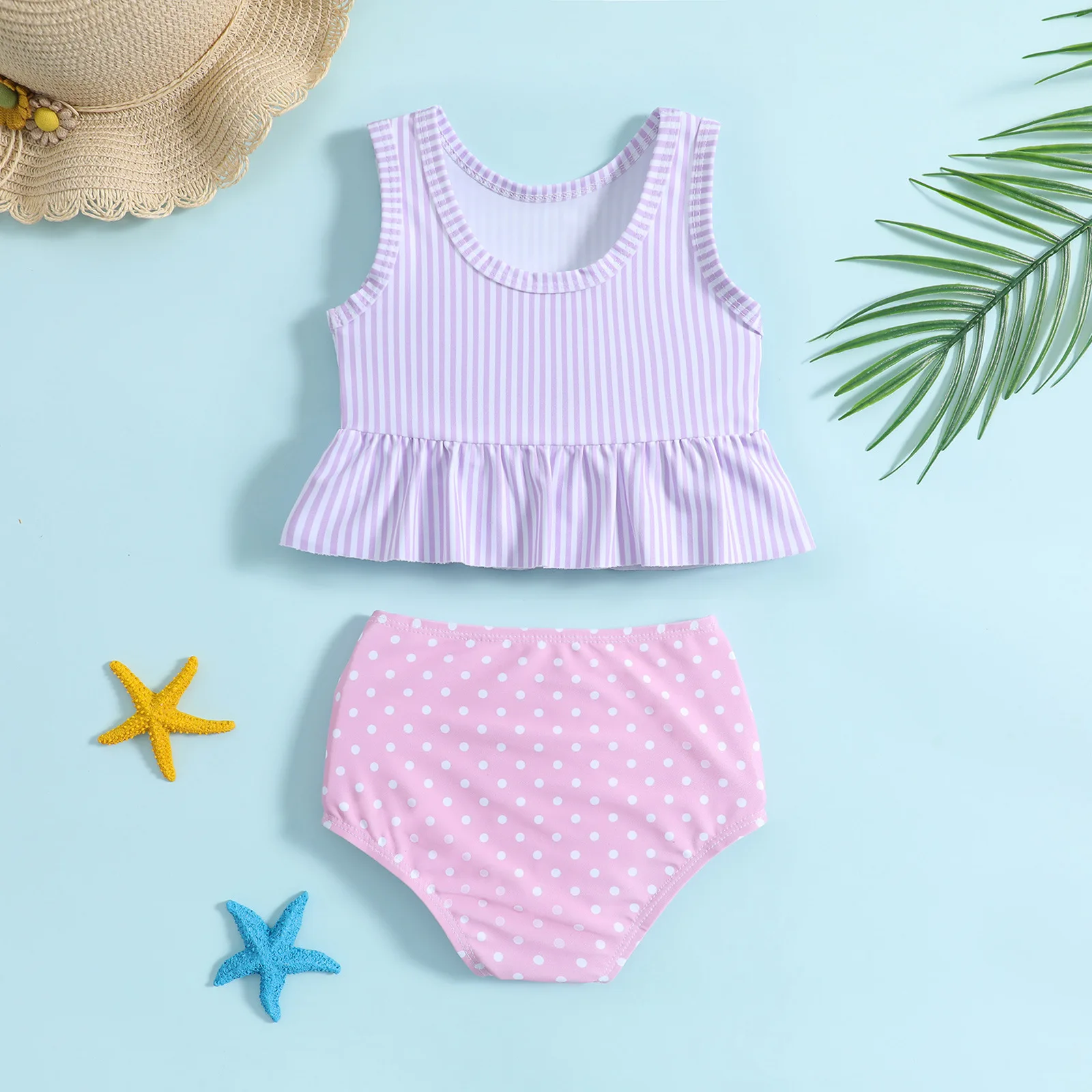 Baby two piece swimsuit with purple white stripe and polka dot print,bow design,suitable for seaside and pool play