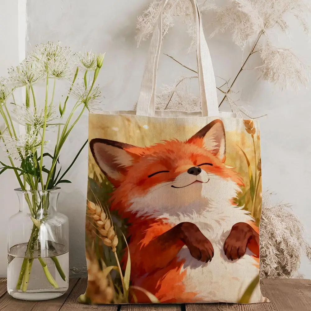 Adorable Fox Storage Bags Canvas Tote Bag Large Capacity Double Sided Print Reusable Shopping Bag Eco Friendly Shoulder Bag
