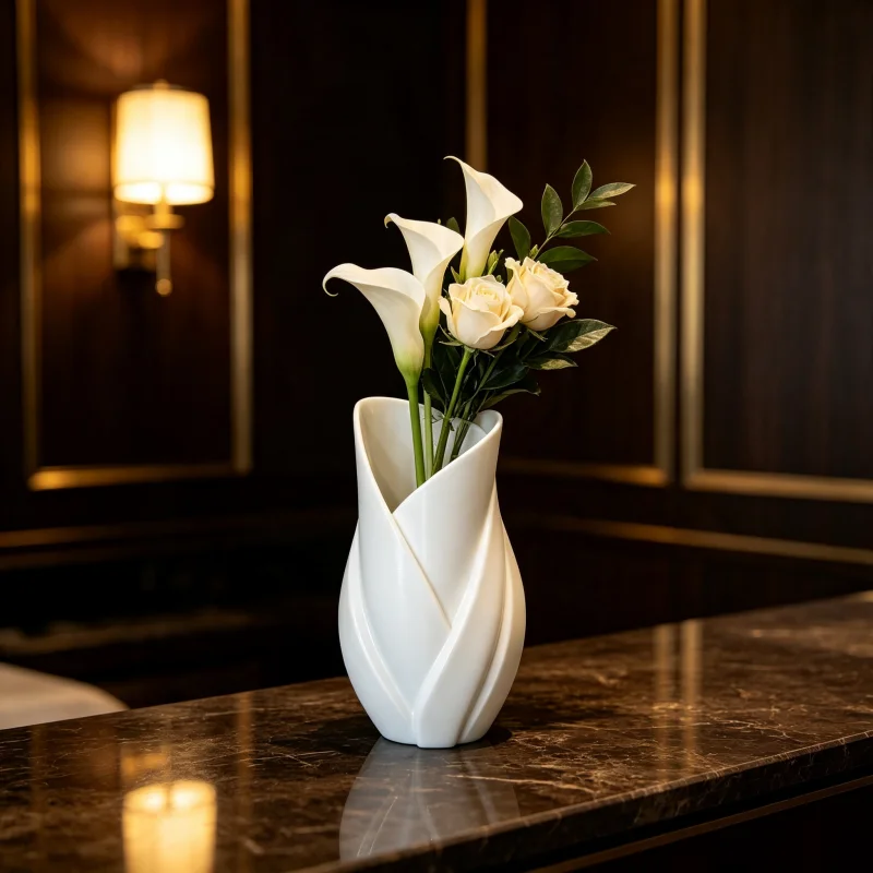 Modern Sculptural Dining Table Centerpiece Vase, 3D Printed Matte White Petg Material Flower Vessel, Unique Petal-Opening Twist Design, Faux Ceramic Texture, Waterproof and Shatterproof, Suitable for Fresh Flowers, Dried Flowers, and Artificial Floral Arrangements. Decorative Piece for Living Room Coffee Table, Entryway, Counter, Luxury Hotel Showroom Tabletop Decoration, Nordic Minimalist Home Decor Accessory, High-End Housewarming Gift, Trendy Home Decor Item