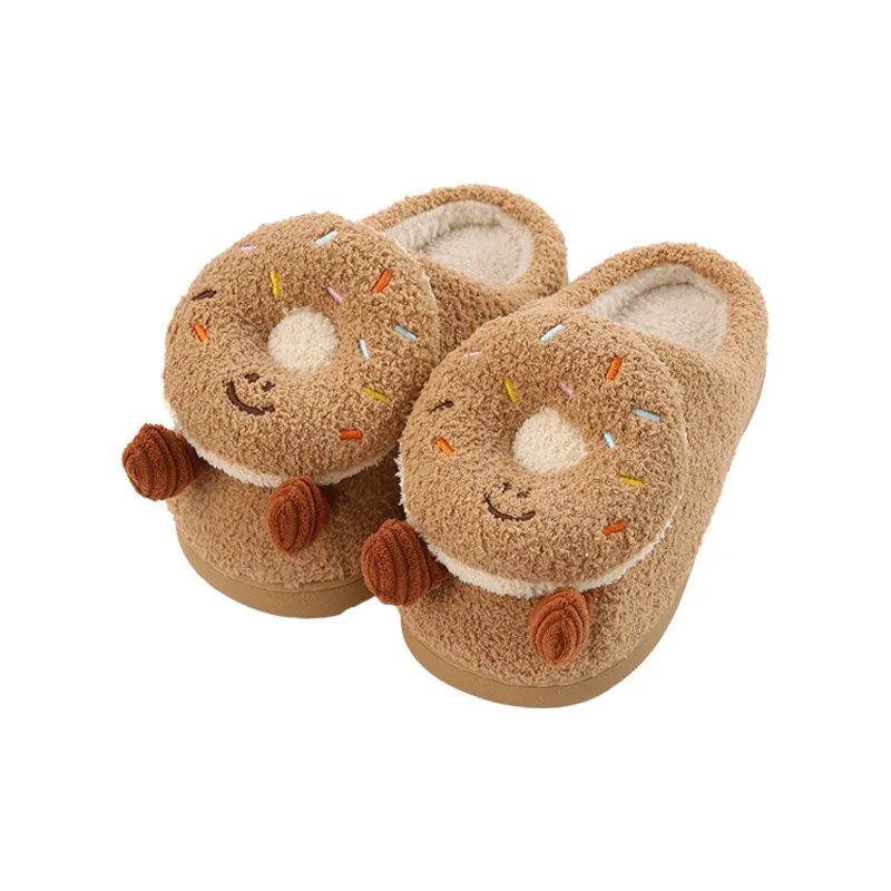 2026 New Autumn Winter Khaki Donut Women Cotton Slippers Cute Plush Thick Sole Non Slip Warm Sweet Closed Toe Indoor Home Shoes