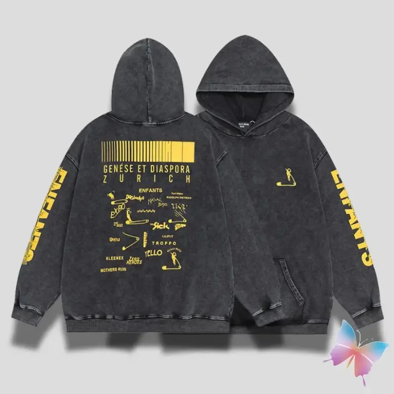 Stock 24ss Winter ERD Hoodies Black Washed Retro Yellow Abstract Letter Print Hiphop Street Men Women Hooded Sweatshirts