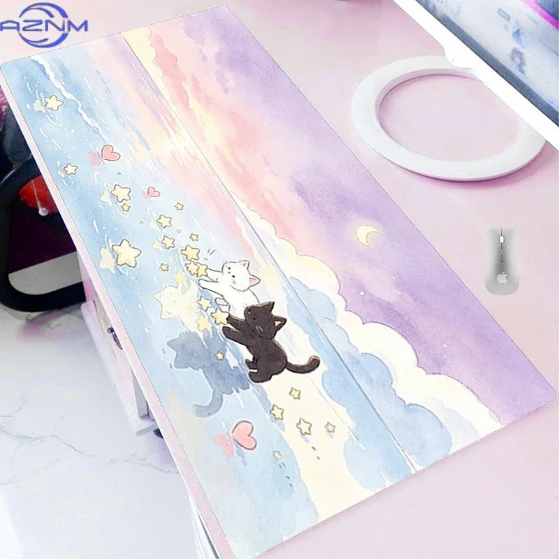 Pink Purple Gradient Starry Sky Cute Cat Large Mousepad, Non-Slip Rubber Waterproof Extended Desk Mat, Sweet Cartoon Cloud Star