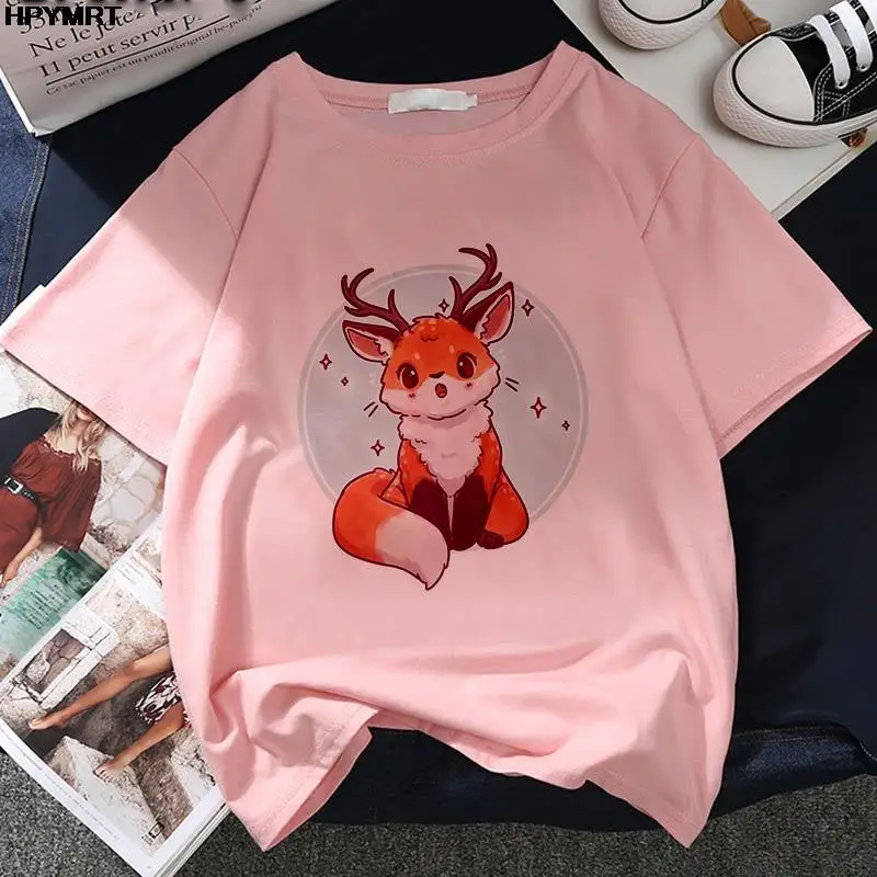 Kawaii Fox print ladies T-shirt ladies casual basis O-collar white T shirt short sleeve ladies Tshirt Cute Animal graphics Tops