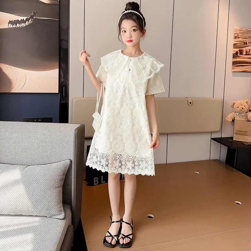 

Lapel Collar Dress For Kids Summer 2024 Birthday Embroidered White Straight Princess Dresses Baby Girl Lace Flowers Clothing