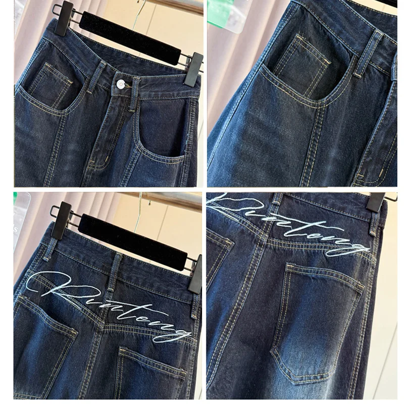 Pantalones vaqueros de pierna ancha con cimitarra bordada azul y gris, pantalones de suelo sueltos rectos de cintura alta para mujer, pantalones vaqueros extendidos