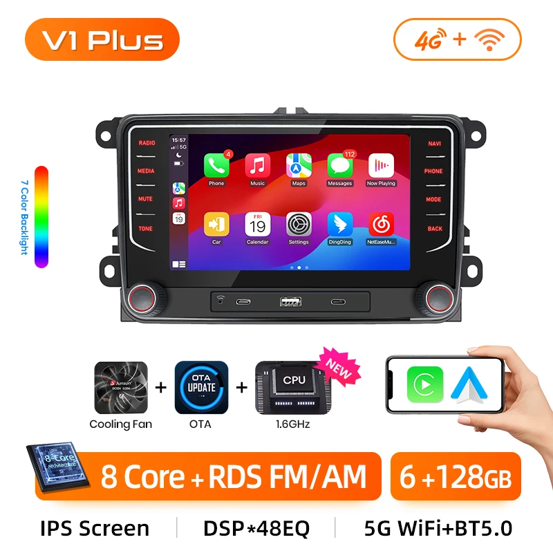 Junsun 7 "Draadloze Carplay Android Auto Radio voor VW Passat B6 B7 T5 Tiguan Touran GOLF 6 POLO Stereo GPS Multimedia Speler