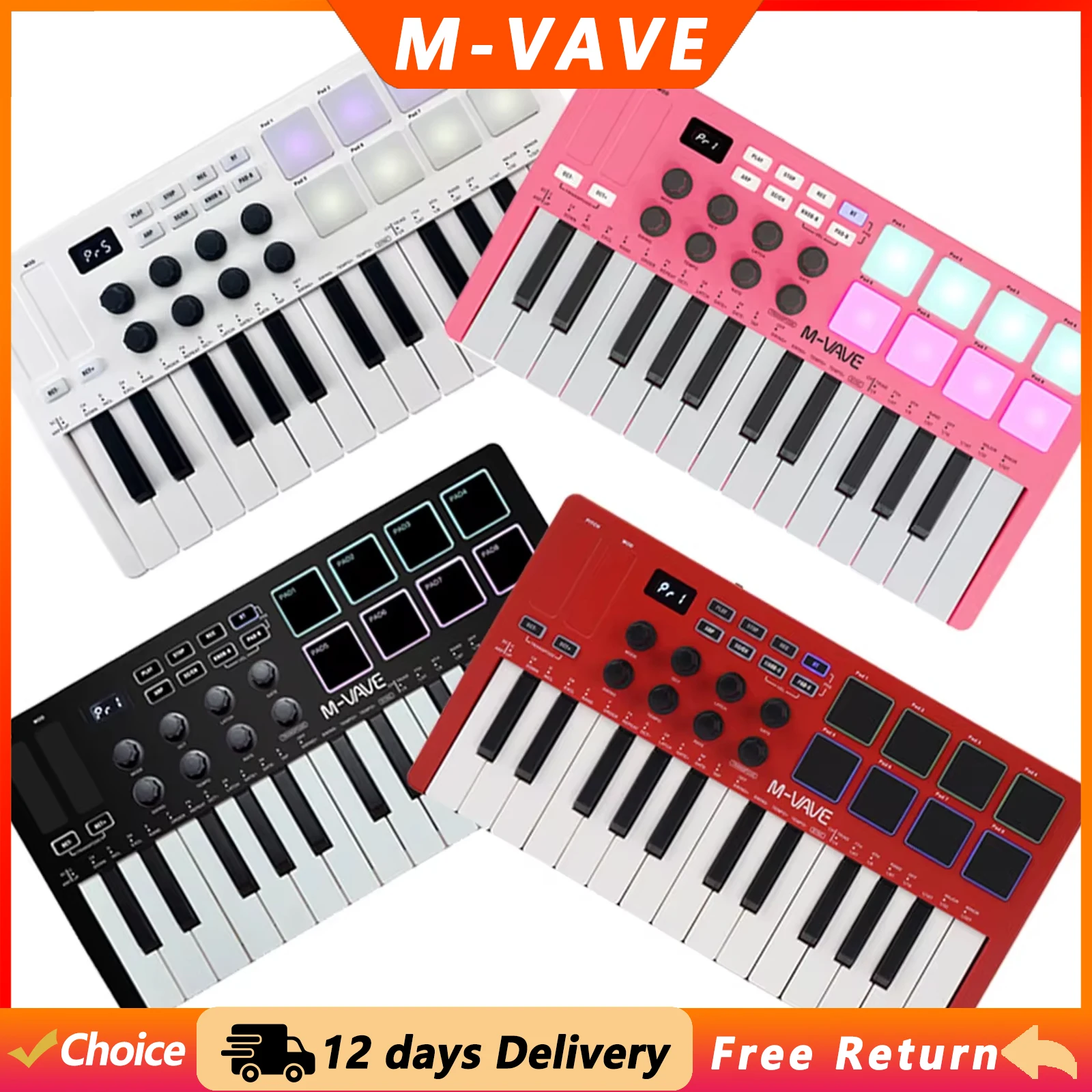 M-VAVE SMK-25 MIDI Keyboard Controller 8 RGB Backlit Drum Pads 25 Key Beats Maker Music Keyboard Strike Pad for Music Production