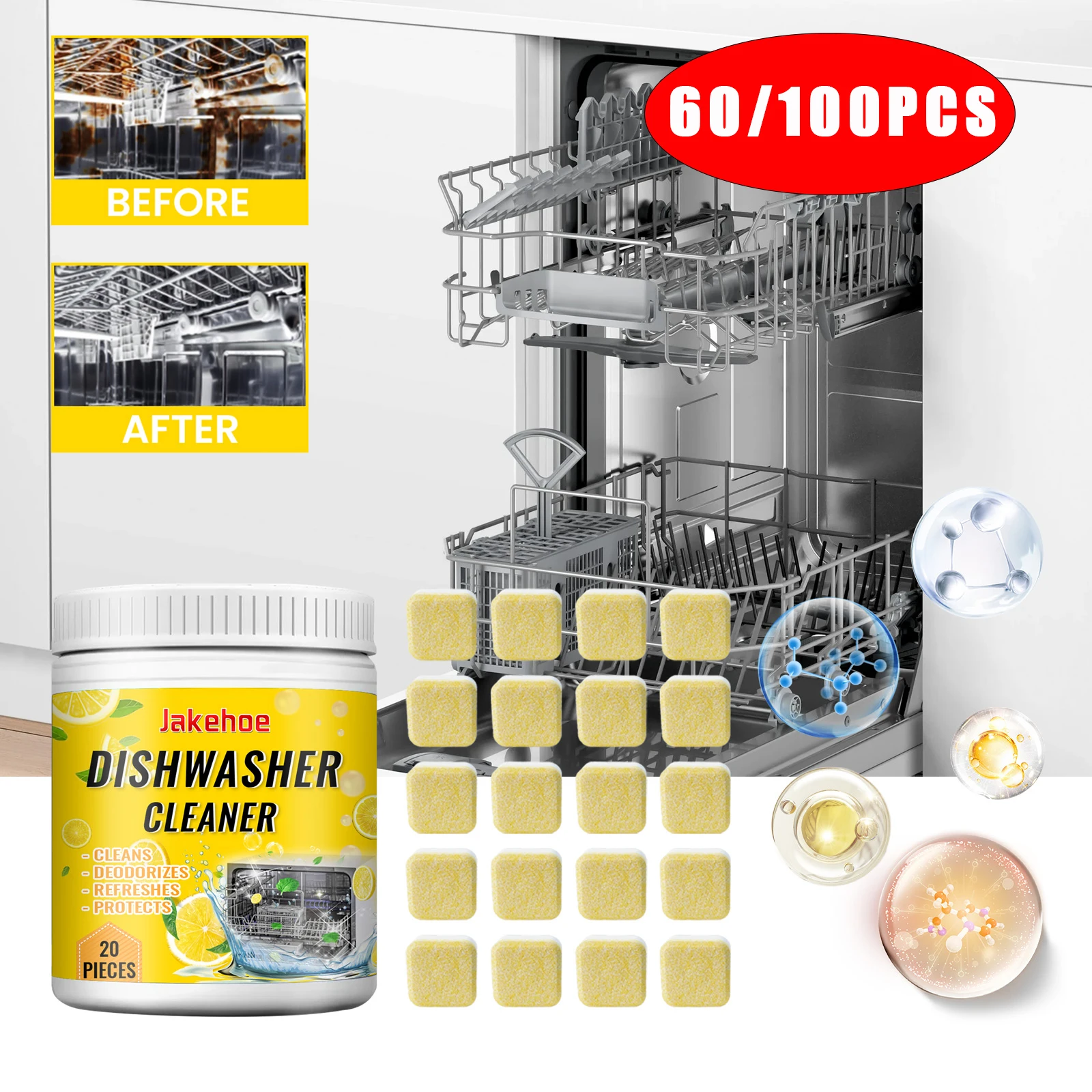 

60/100pcs Dishwasher Cleaner Strong Oil Stain Removal Descaling Detergent Tablets Kitchen Dishwasher Washing Machine Cleaning