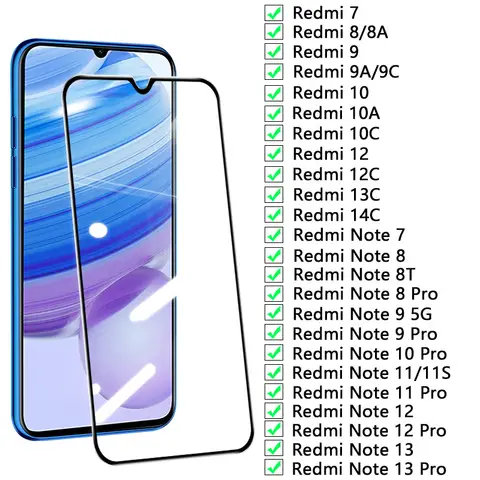 9D Voll gehärtetes Glas für Xiaomi Redmi Note 7 8T 9 10 11 12 13 Displayschutzfolie für Redmi 7 8A 9 9A 9C 10A 12C 13C 14C