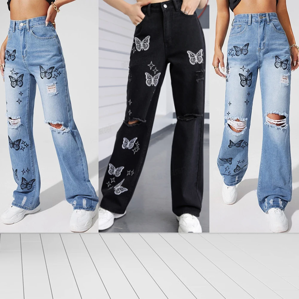 

Women Y2K Embroidered Jeans Women's Fashion Casual Streetwear Jeans Y2K Pants Embroidered Butterflies Ripped High Waist Jeans