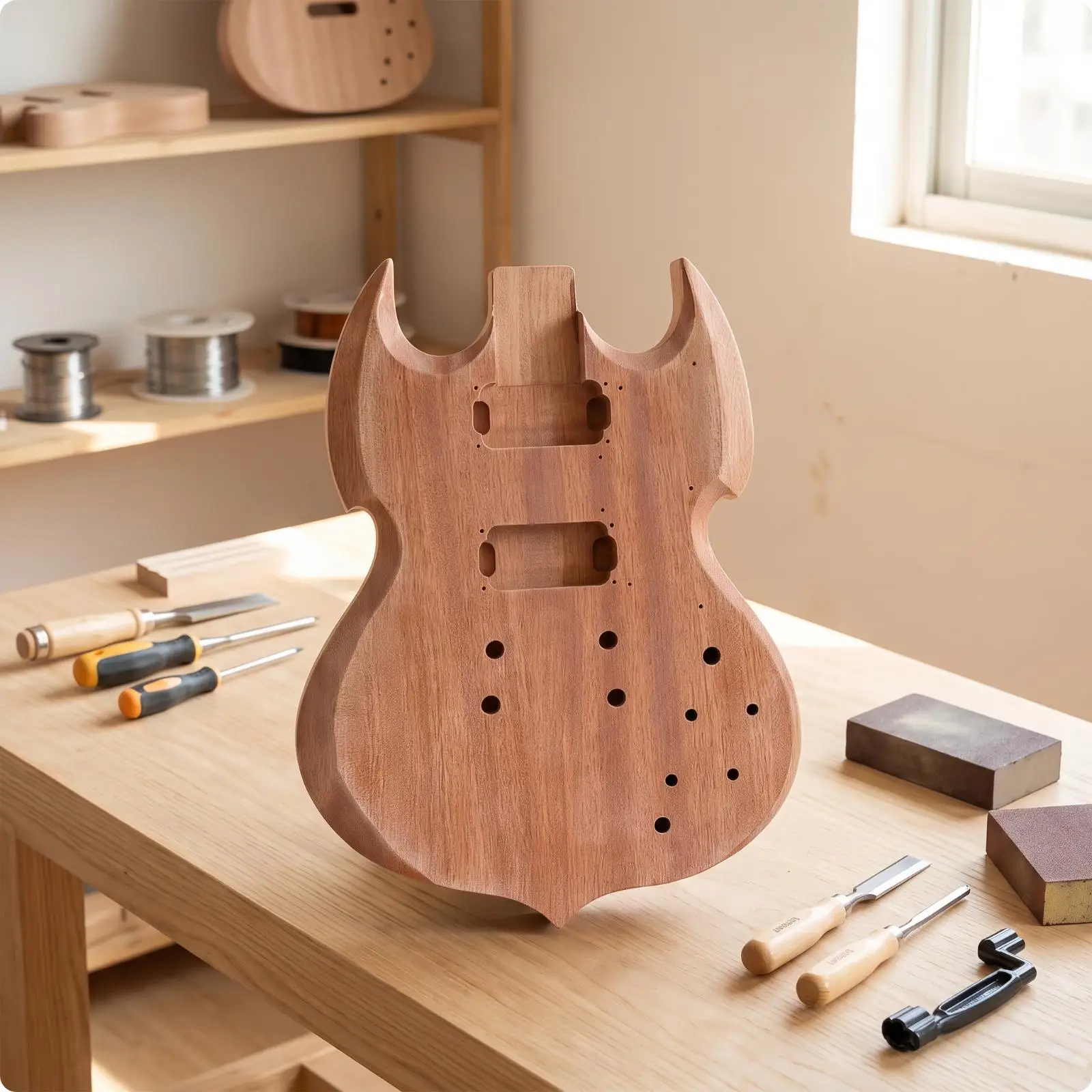 DIY Electric Guitar Kit Unfinished Body Okoume Wood with Routing Cavities and Neck Pocket for Custom Electronics and Finish