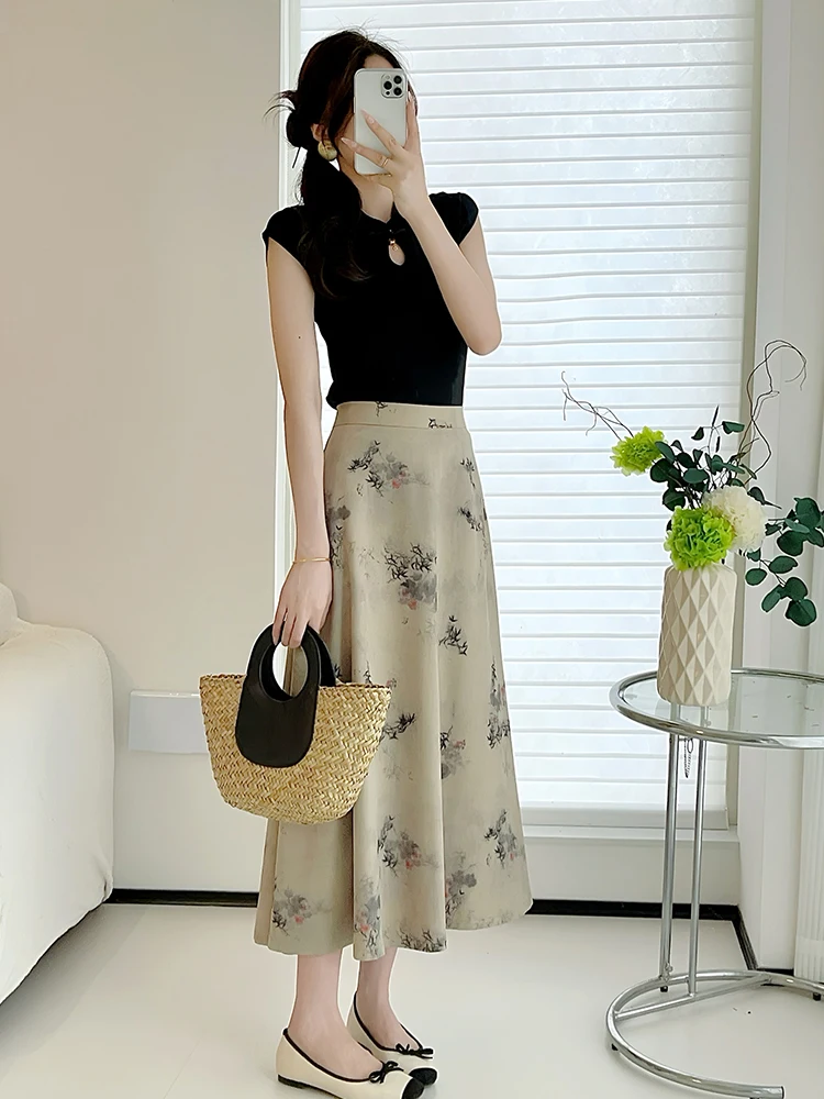 

TIYIHAILEY Free Shipping 2024 New Flowers Long Mid Calf A-line Elastic High Waist Women Printed Summer Chinese Style Skirts