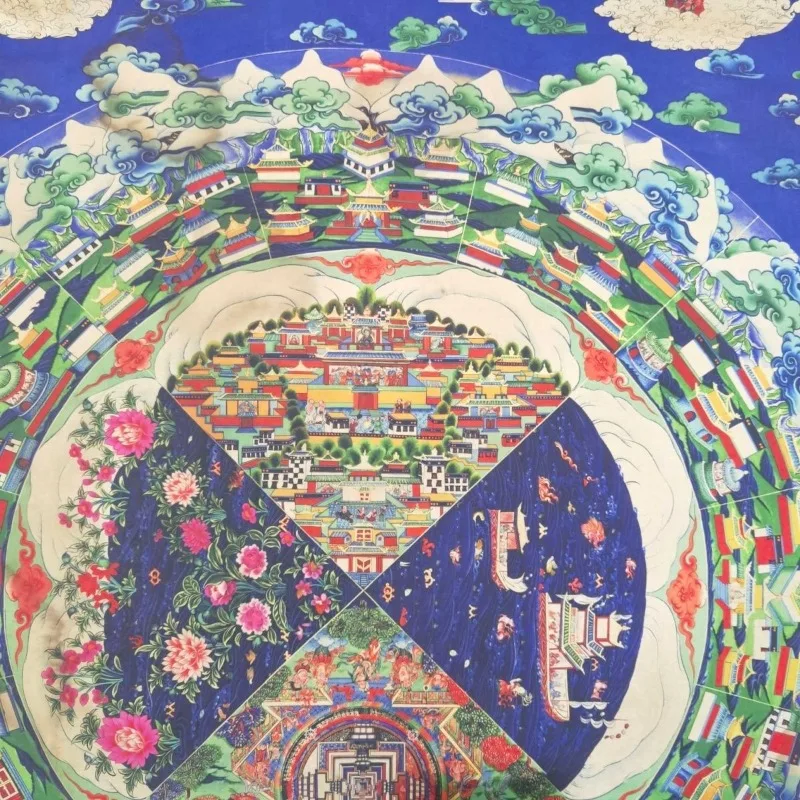 Tibetan Buddhist Mount Meru Mandala Thangka Traditional Cosmic Diagram Brocade Tapestry Spiritual Wall Art for Altar Home Decor