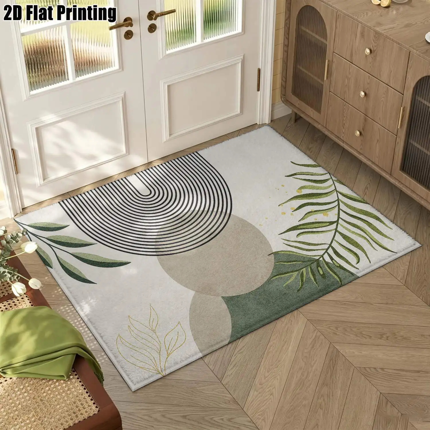 1Pc 2D Printed Carpet: Simple Green-White Geometric Plant Patterns, Nordic/Instagram Style, Modern Minimalist, Machine Washable, Multi-Size, Ideal for Living Room, Bedroom, Dining Room, Entrance, Study Home Decor