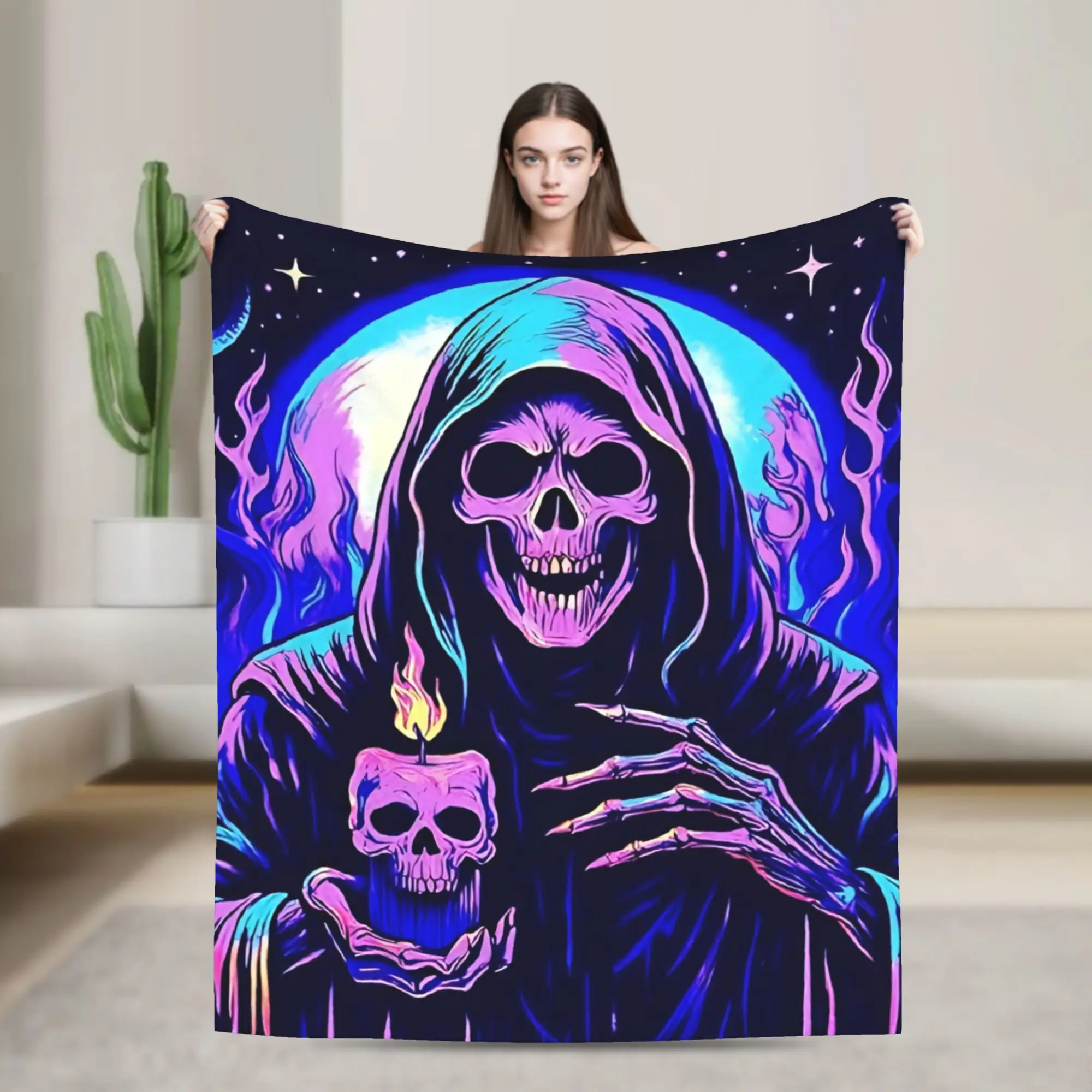 Skull Halloween Blanket Flannel Glow in the Dark Psychedelic Gothic Ultra-Soft Throw Blanket for Airplane Travel Bedspread